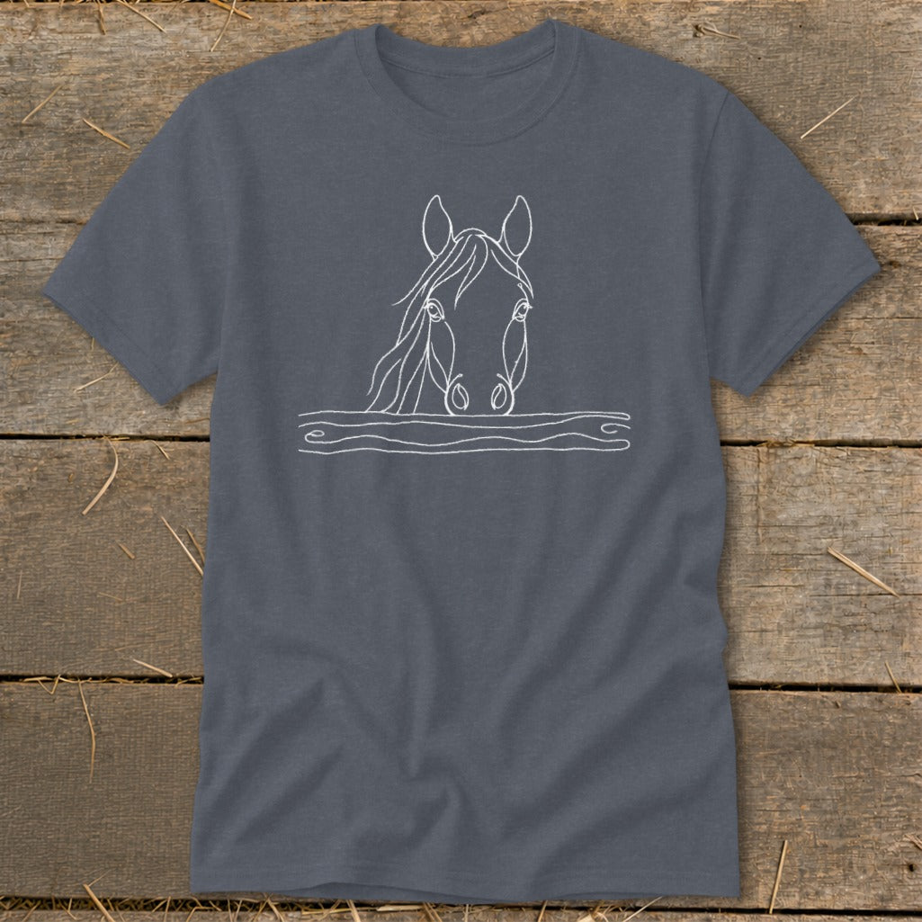 White line drawing of a horse's head emerging from wavy lines on a gray t-shirt.