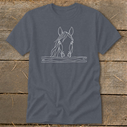 White line drawing of a horse's head emerging from wavy lines on a gray t-shirt.