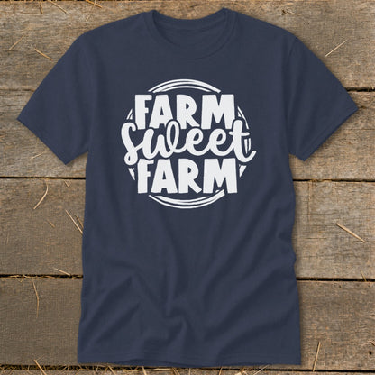 Navy t-shirt with white "Farm Sweet Farm" text inside a circle.