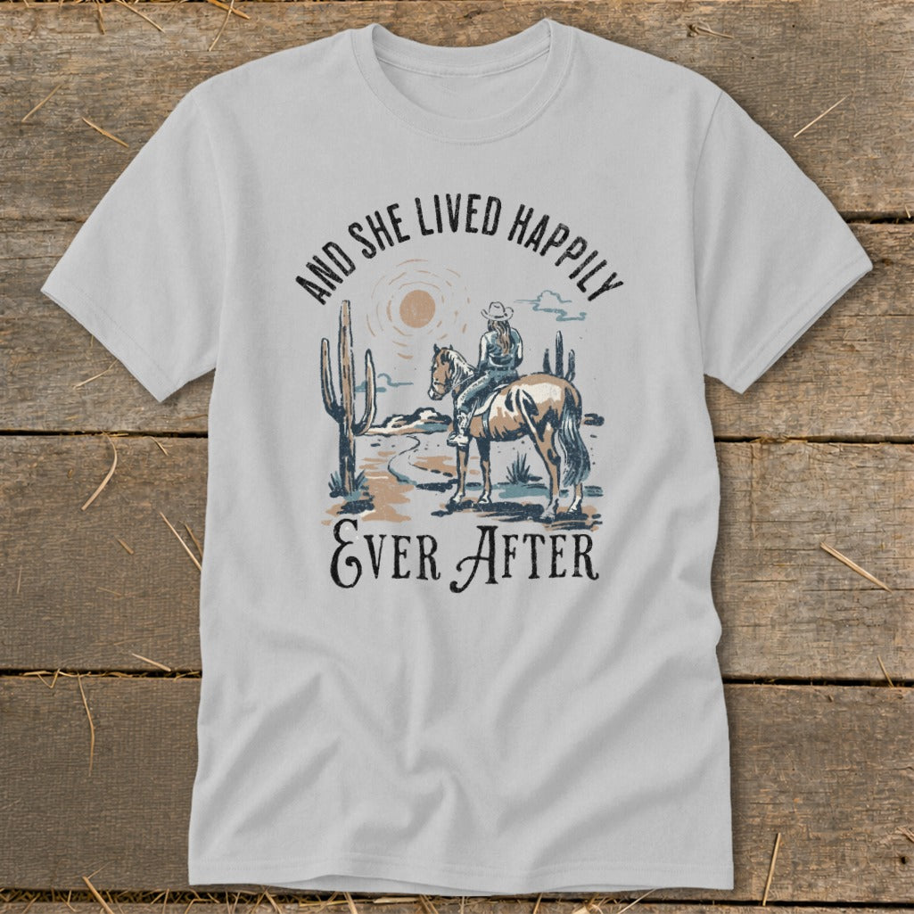 Cowgirl on horseback in desert scene with text "AND SHE LIVED HAPPILY EVER AFTER".