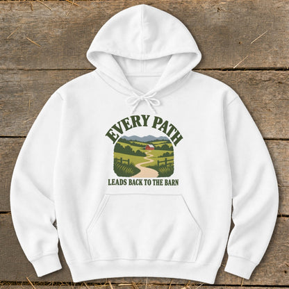 White hoodie with "EVERY PATH LEADS BACK TO THE BARN" text and barn graphic.