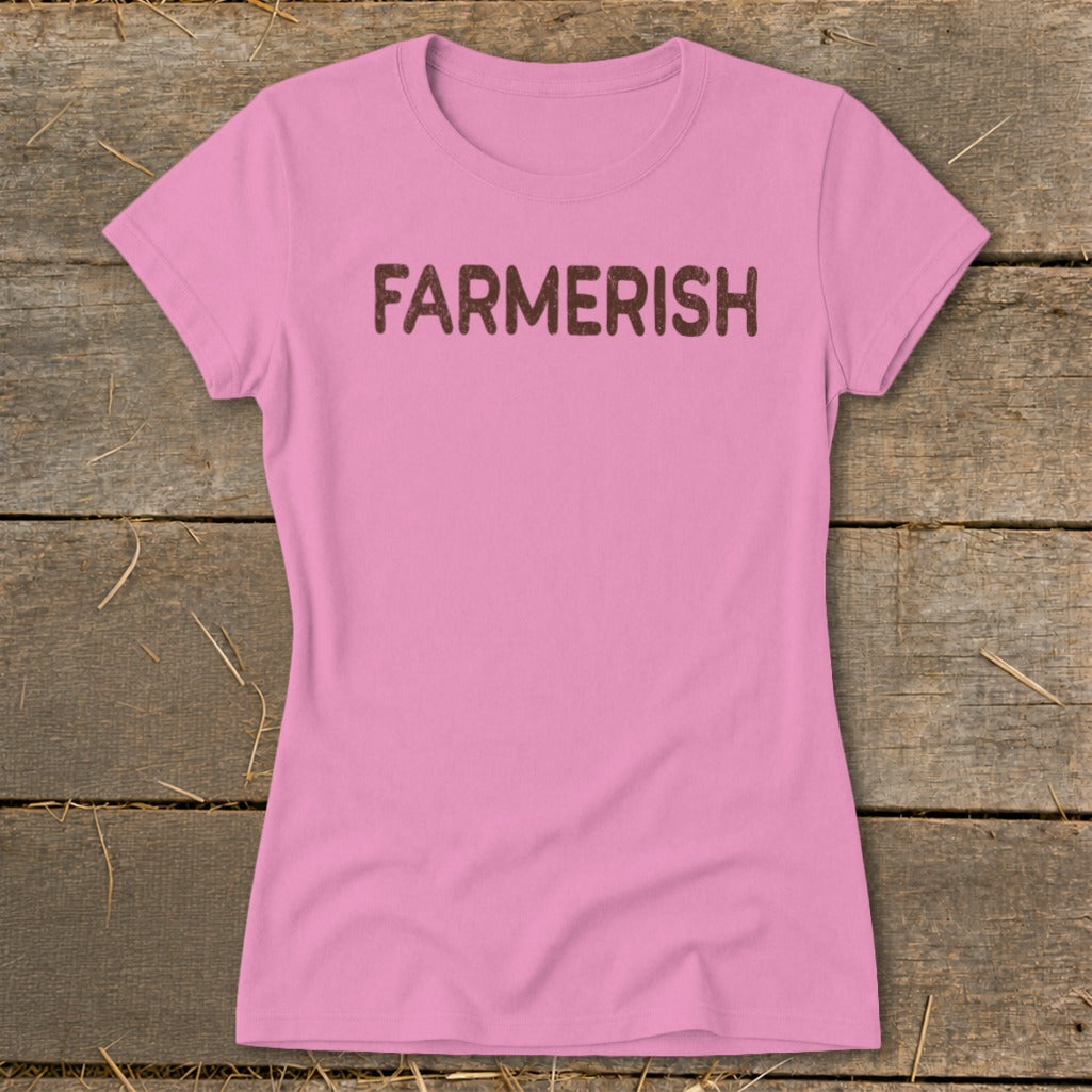 Pink t-shirt with "FARMERISH" text in brown distressed lettering.