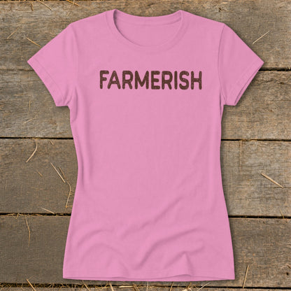 Pink t-shirt with "FARMERISH" text in brown distressed lettering.