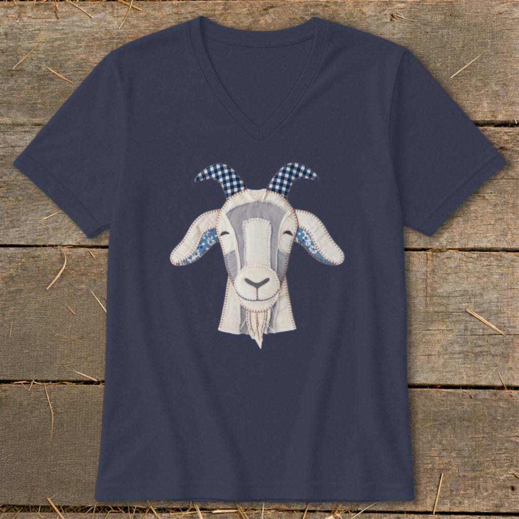 Navy v-neck t-shirt with a fabric applique of a goat's head.