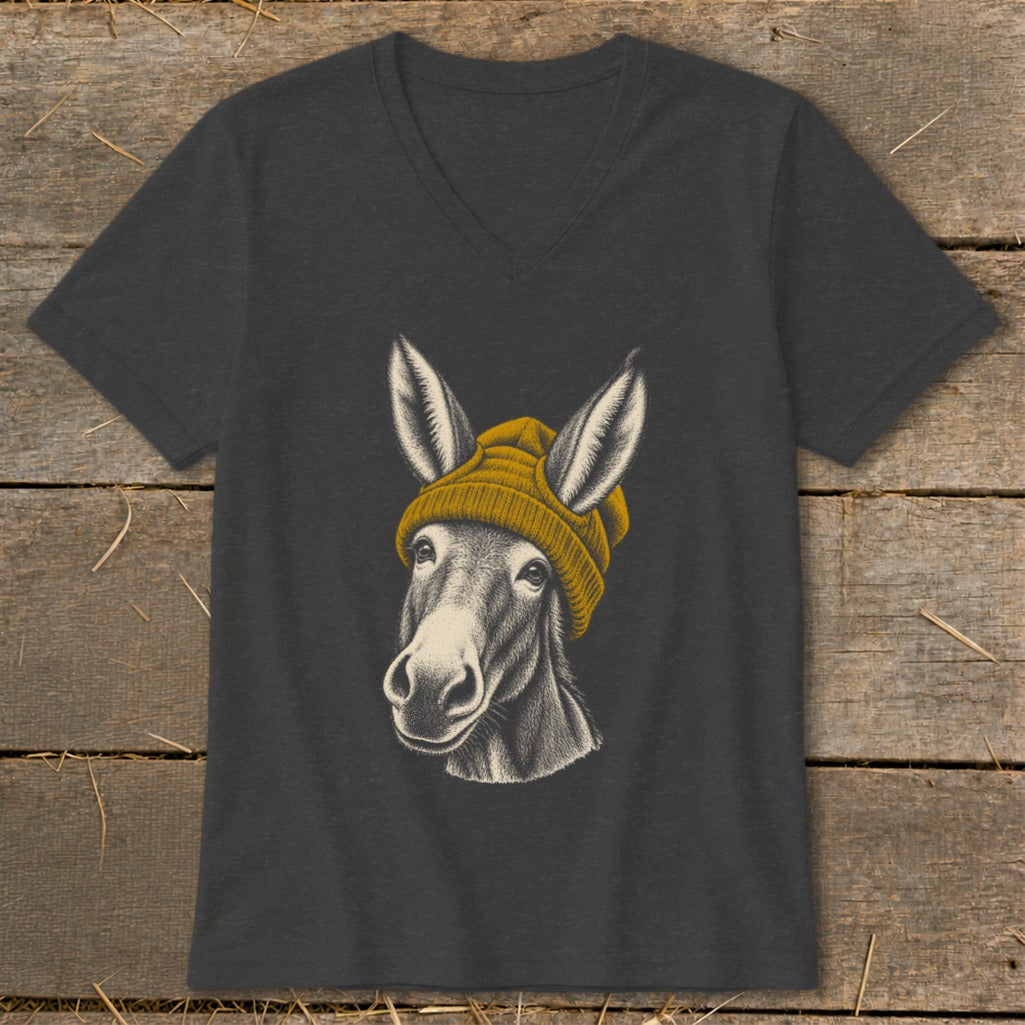 Donkey wearing a yellow beanie, printed on a dark grey v-neck t-shirt.