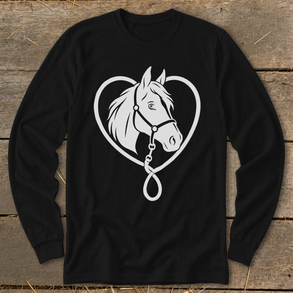 Black long-sleeve shirt featuring a white graphic of a horse head framed by a heart-shaped rope.