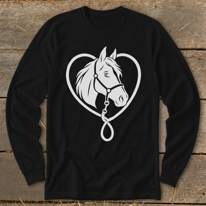 Black long-sleeve shirt featuring a white graphic of a horse head framed by a heart-shaped rope.