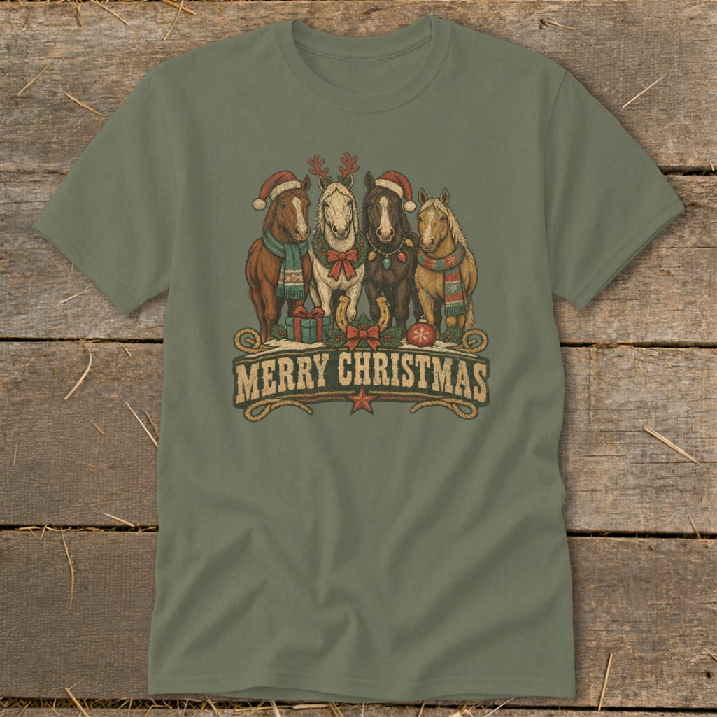 Four horses in festive attire with "Merry Christmas" text below.