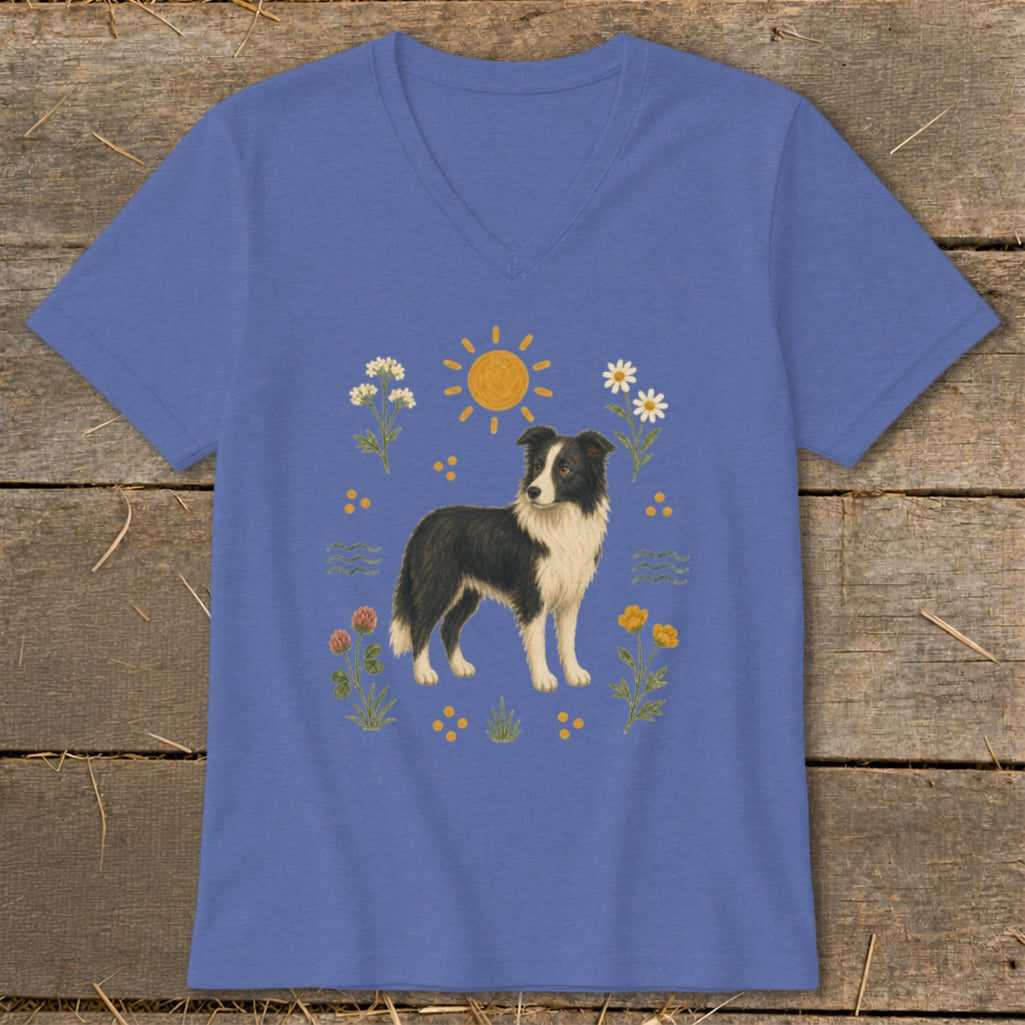 Blue v-neck t-shirt with a Border Collie surrounded by flowers and a sun.