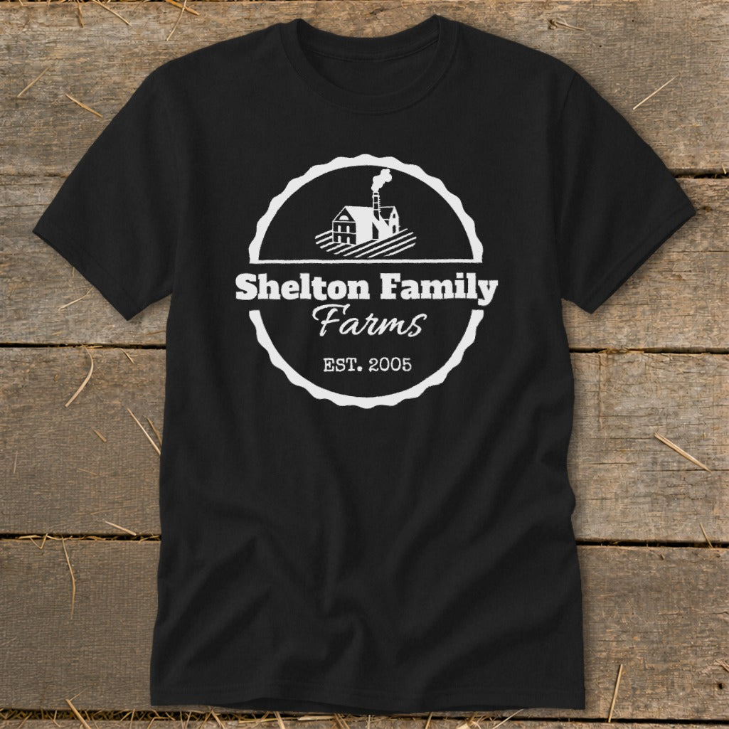 Black t-shirt with white Shelton Family Farms logo, established 2005.