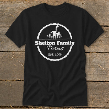 Black t-shirt with white Shelton Family Farms logo, established 2005.