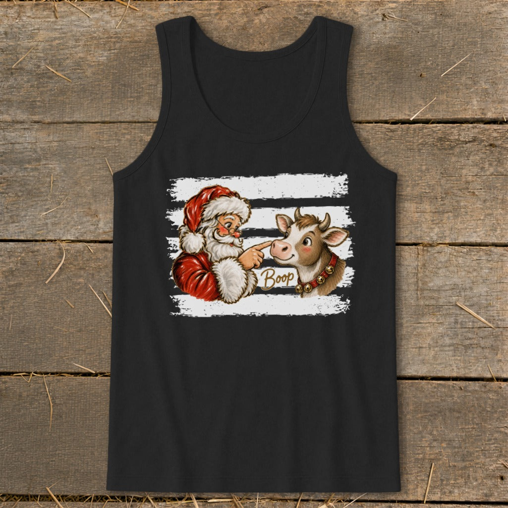 Santa booping a cow with "Boop" text on a black tank top.
