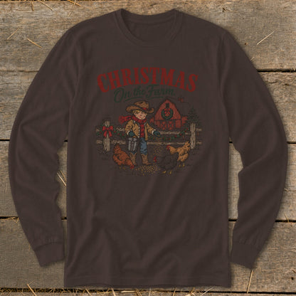 "Christmas On the Farm" graphic with boy feeding chickens and red barn.
