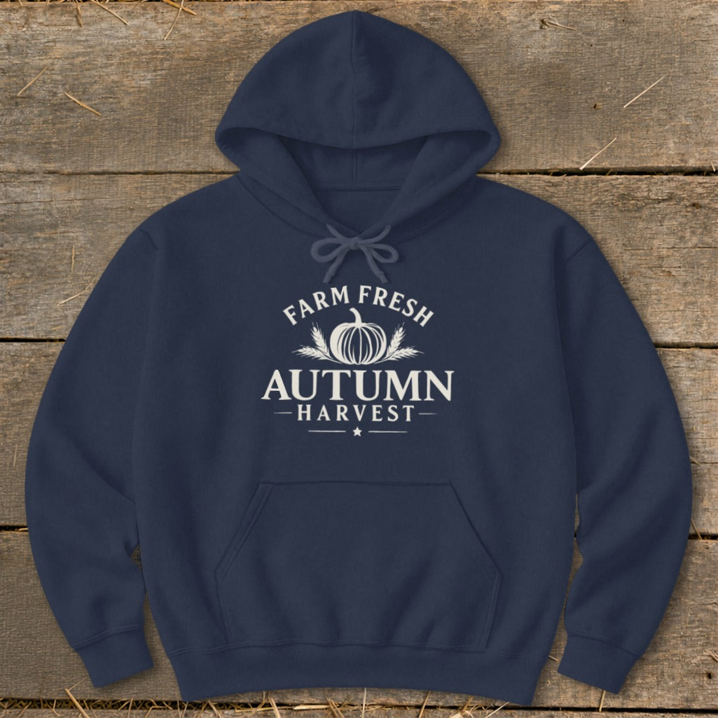 Navy hoodie with "Farm Fresh Autumn Harvest" and pumpkin graphic.