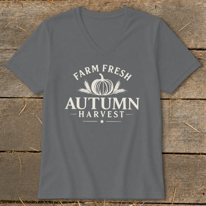 Grey v-neck t-shirt with white "FARM FRESH AUTUMN HARVEST" text and pumpkin graphic.