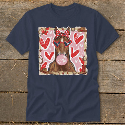 Horse with heart sunglasses and bubblegum, surrounded by hearts and western graphics.
