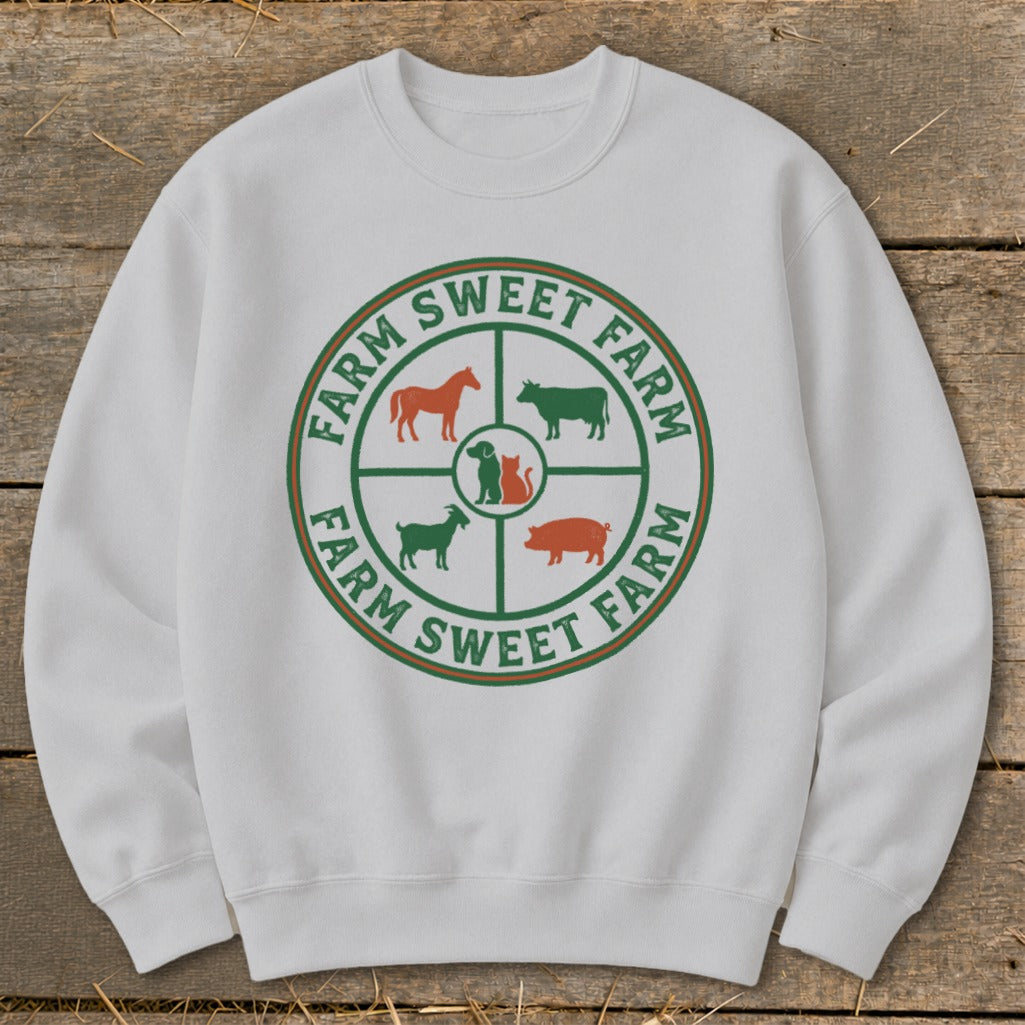 White sweatshirt with circular farm animal graphic and "Farm Sweet Farm" text.