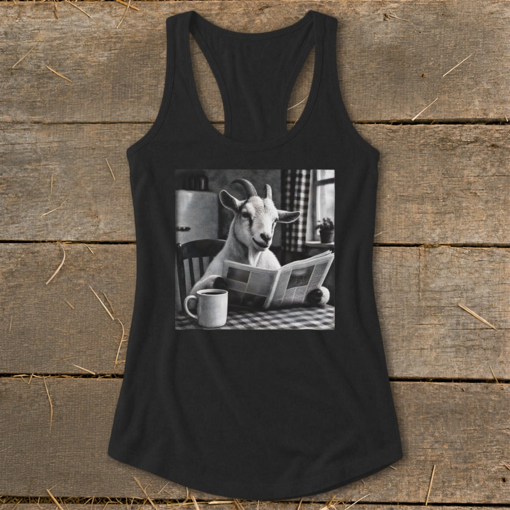 Black racerback tank top featuring a black-and-white graphic of a goat reading a newspaper at a table with a coffee mug.