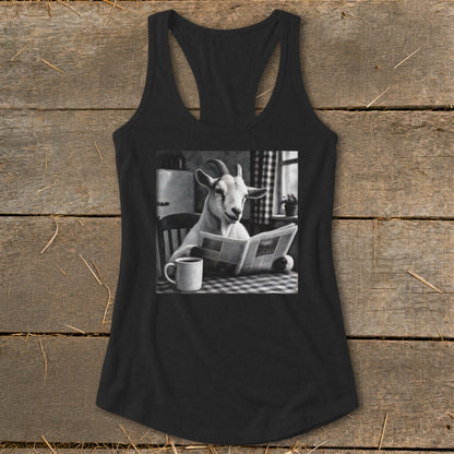 Black racerback tank top featuring a black-and-white graphic of a goat reading a newspaper at a table with a coffee mug.