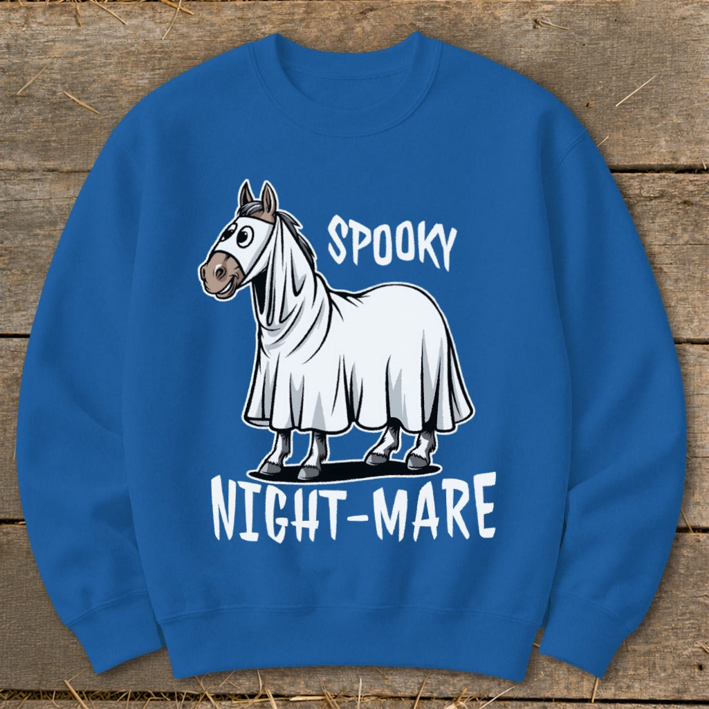 Horse in ghost costume with "Spooky Night-Mare" text.