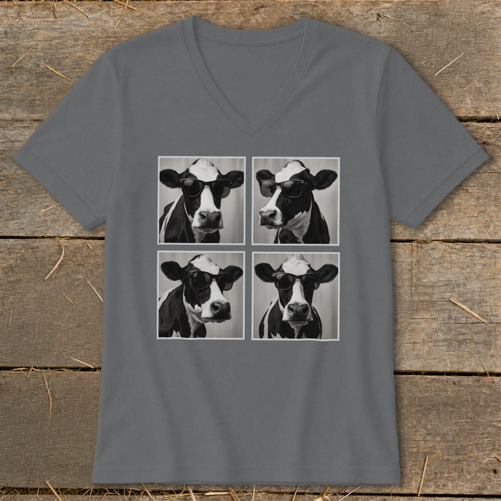 Four black and white portraits of cows wearing sunglasses on a gray t-shirt.