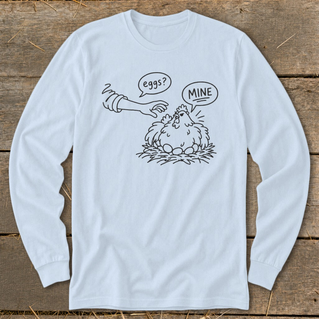 Line art of a chicken on a nest of eggs with a hand reaching for them.