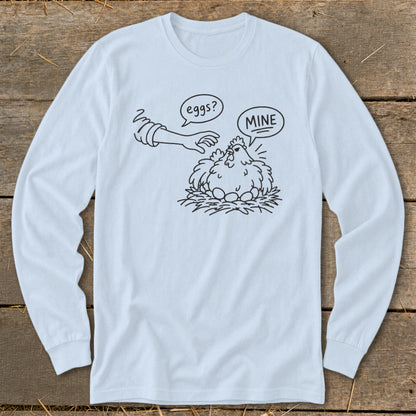 Line art of a chicken on a nest of eggs with a hand reaching for them.