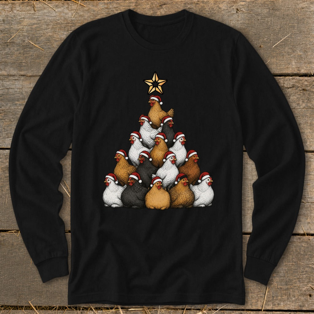 Christmas tree made of chickens wearing Santa hats, topped with a star.