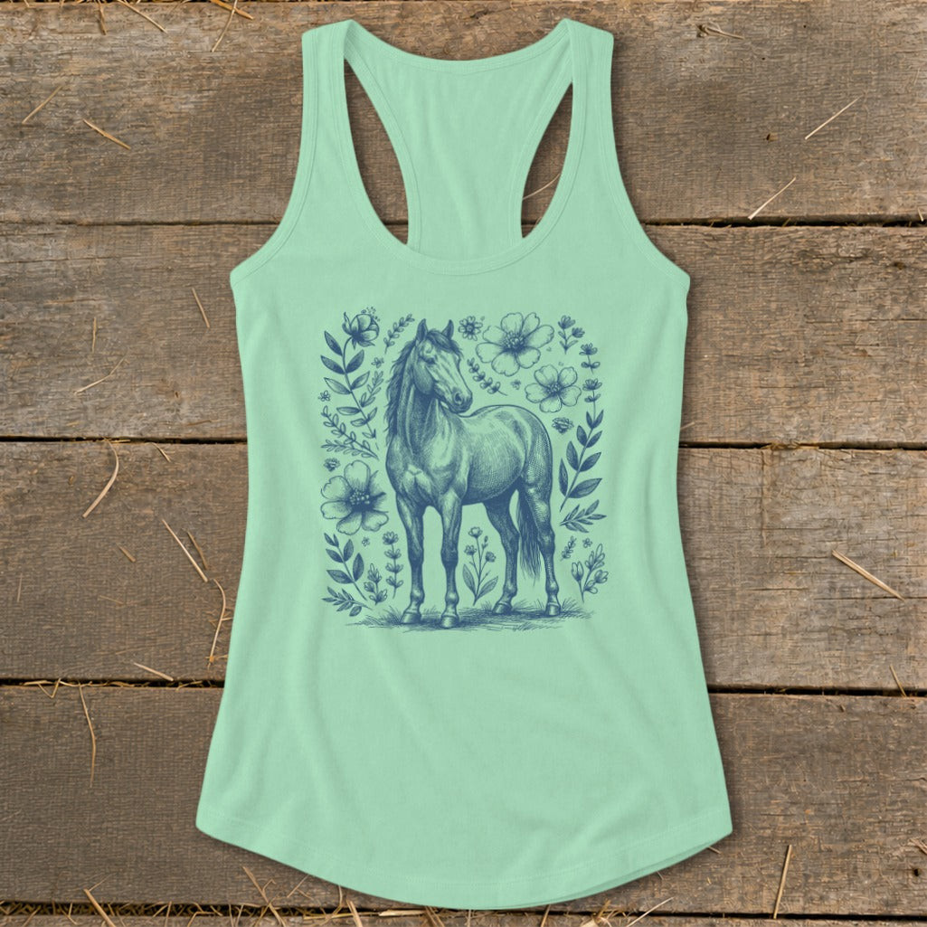 Mint green tank top with a navy blue horse and floral illustration.