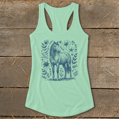 Mint green tank top with a navy blue horse and floral illustration.
