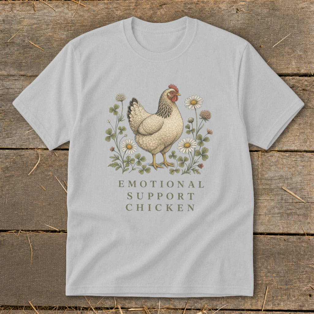 Light grey t-shirt with illustration of a chicken and text "EMOTIONAL SUPPORT CHICKEN".
