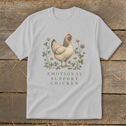 Light grey t-shirt with illustration of a chicken and text "EMOTIONAL SUPPORT CHICKEN".
