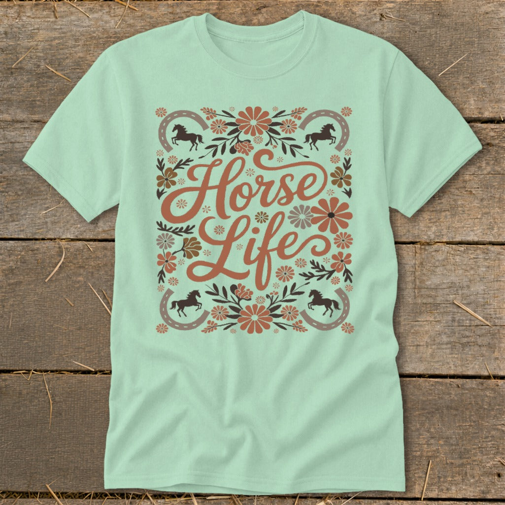 Mint t-shirt with "Horse Life" text, horses, horseshoes, and floral elements.