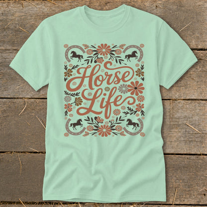 Mint t-shirt with "Horse Life" text, horses, horseshoes, and floral elements.