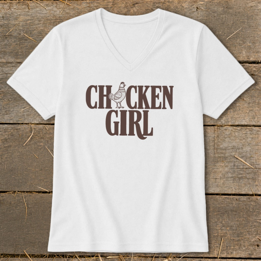 White v-neck t-shirt with "Chicken Girl" text and a chicken graphic.
