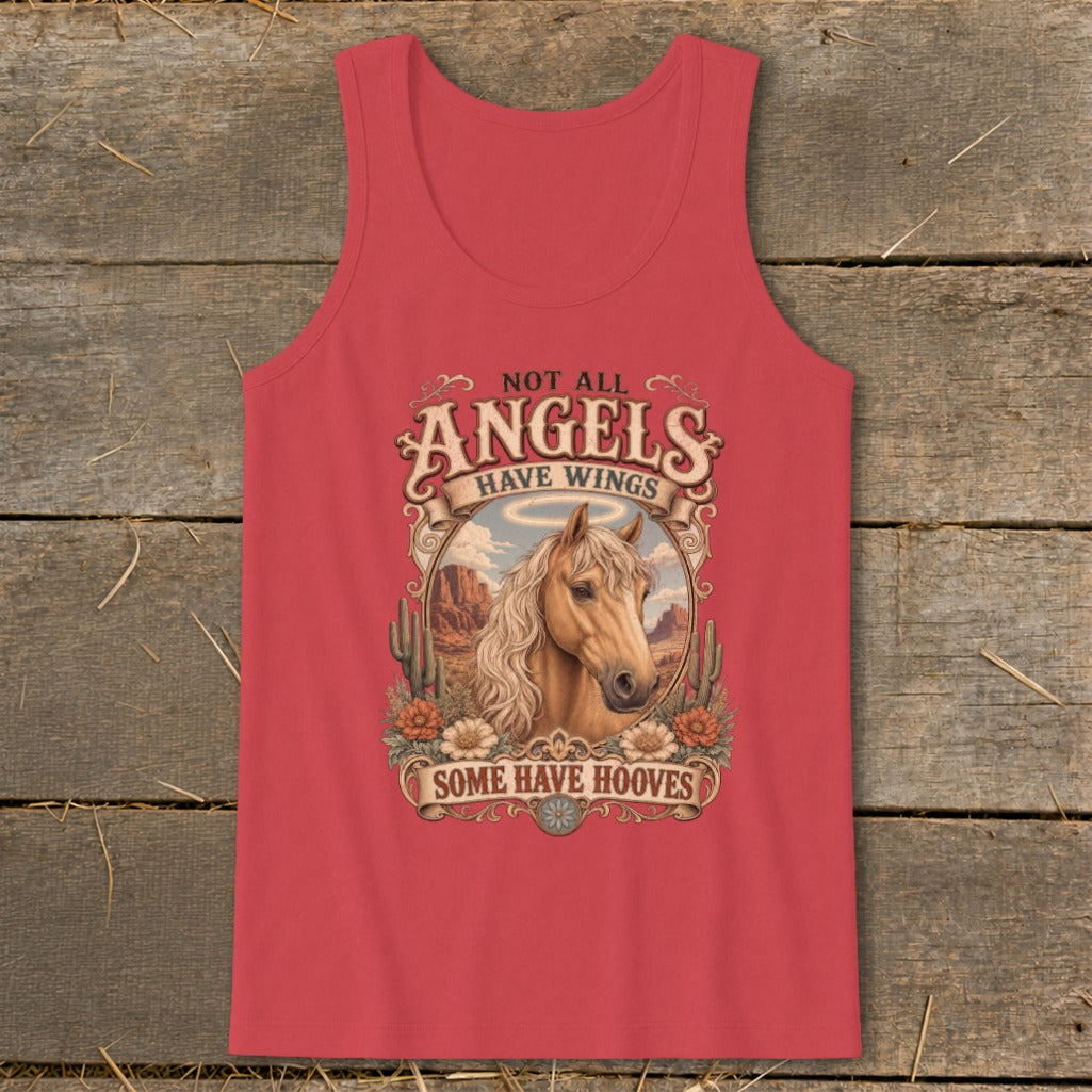 Red tank top with "Not all angels have wings, some have hooves" horse graphic.