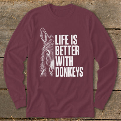 Maroon long-sleeve shirt with a donkey graphic and "Life is Better With Donkeys" text.