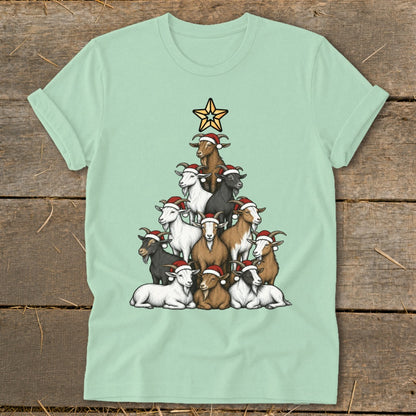 T-shirt graphic of a Christmas tree made of goats wearing Santa hats.