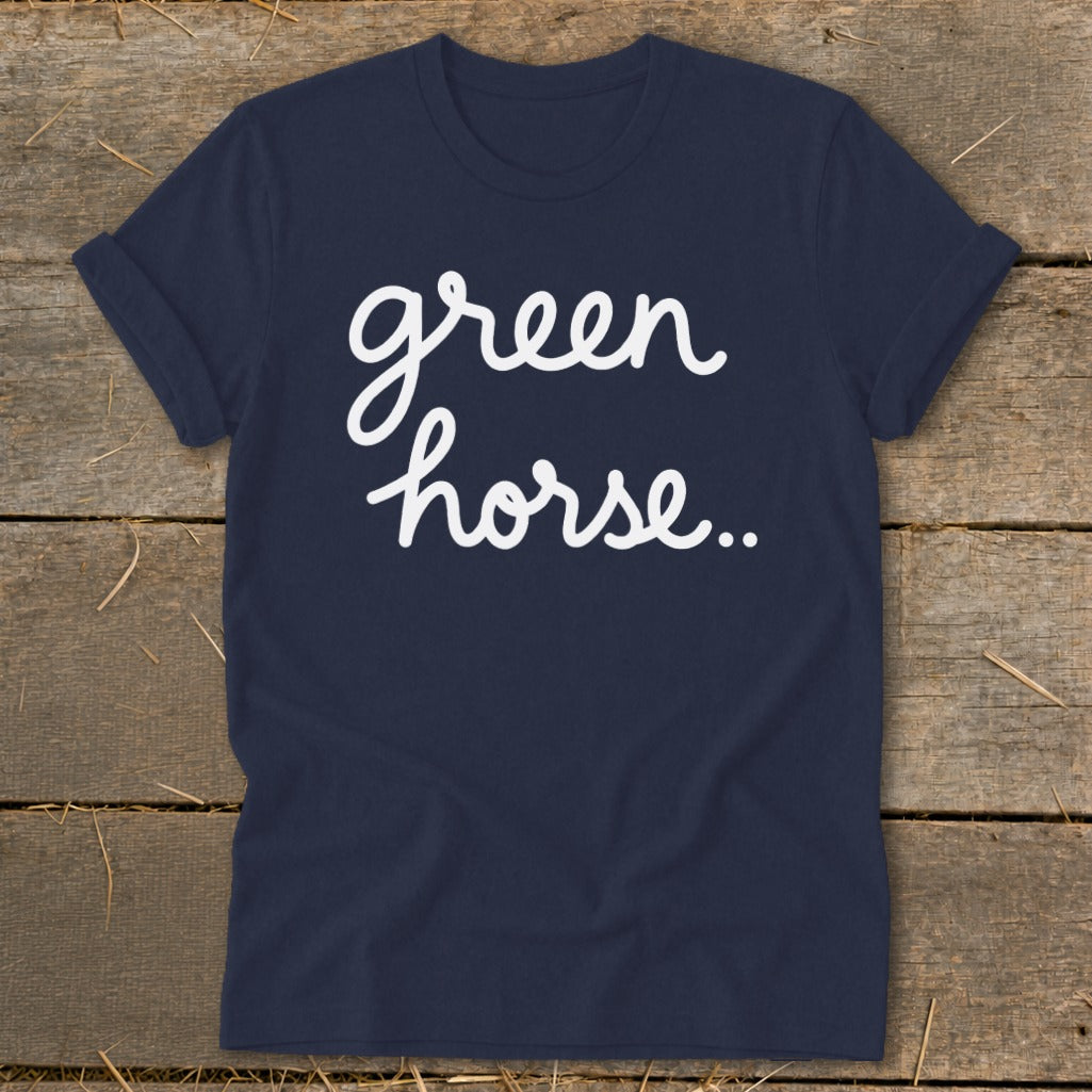 Navy t-shirt with white cursive text "green horse...".