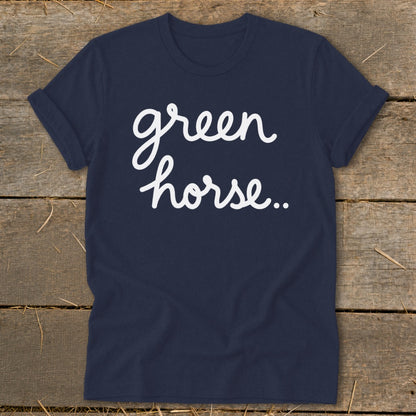 Navy t-shirt with white cursive text "green horse...".