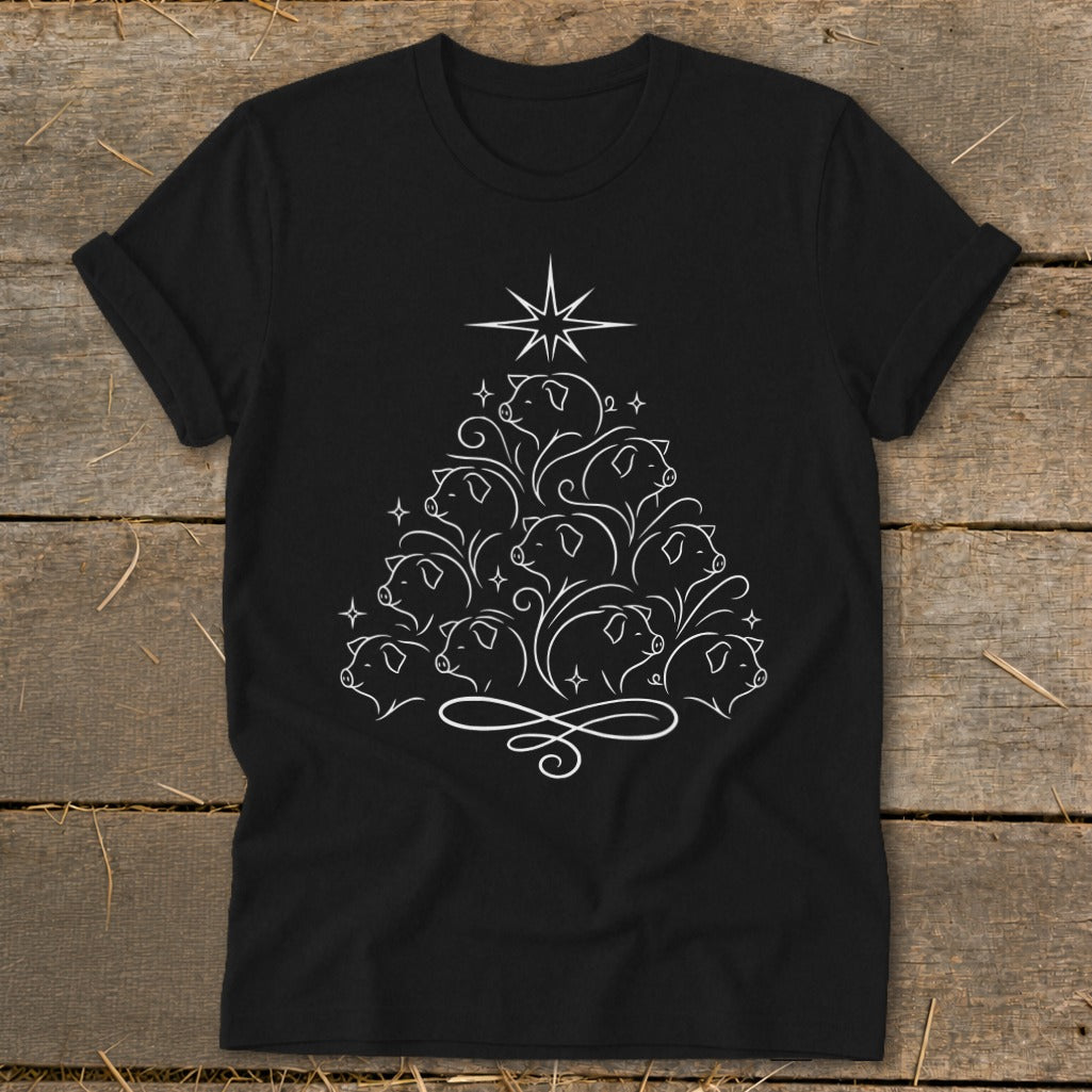 Black t-shirt with a white line art Christmas tree made of pigs.