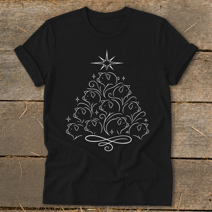 Black t-shirt with a white line art Christmas tree made of pigs.