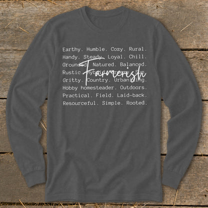 Long sleeve shirt with "Farmerish" in script over descriptive words.