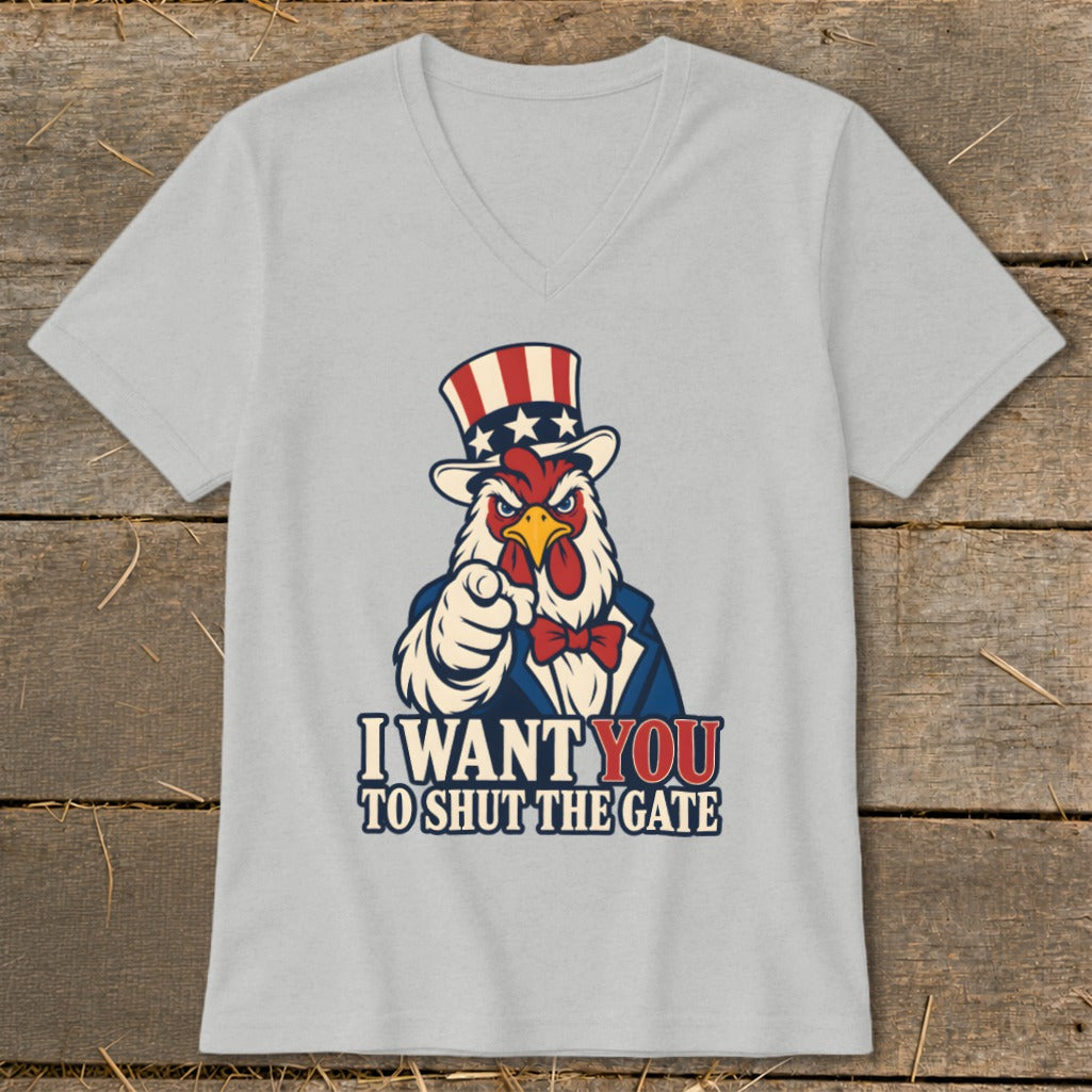 Light gray t-shirt with Uncle Sam chicken graphic and text "I WANT YOU TO SHUT THE GATE."