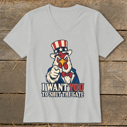 Light gray t-shirt with Uncle Sam chicken graphic and text "I WANT YOU TO SHUT THE GATE."