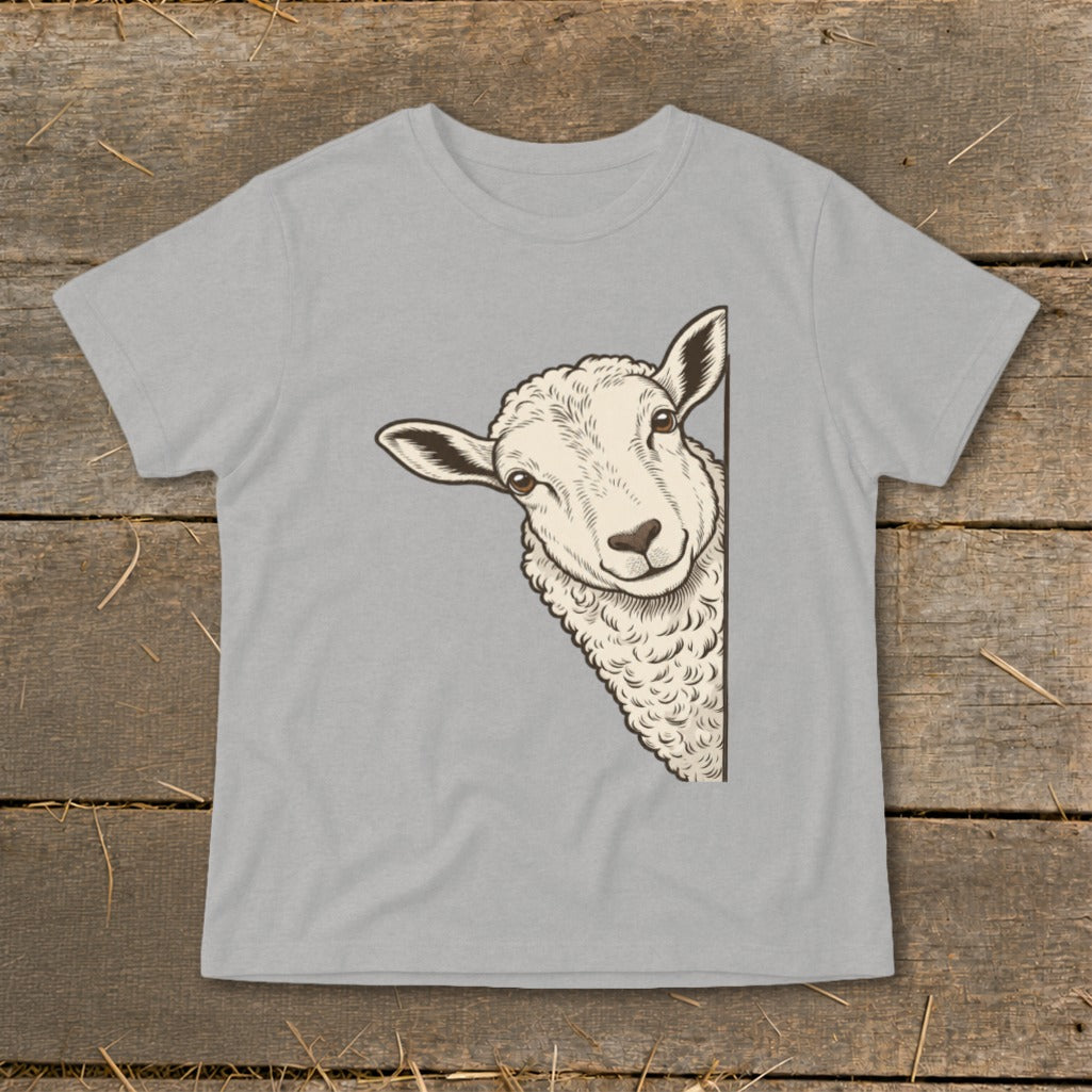Light grey t-shirt with a drawing of a sheep peeking from the side.