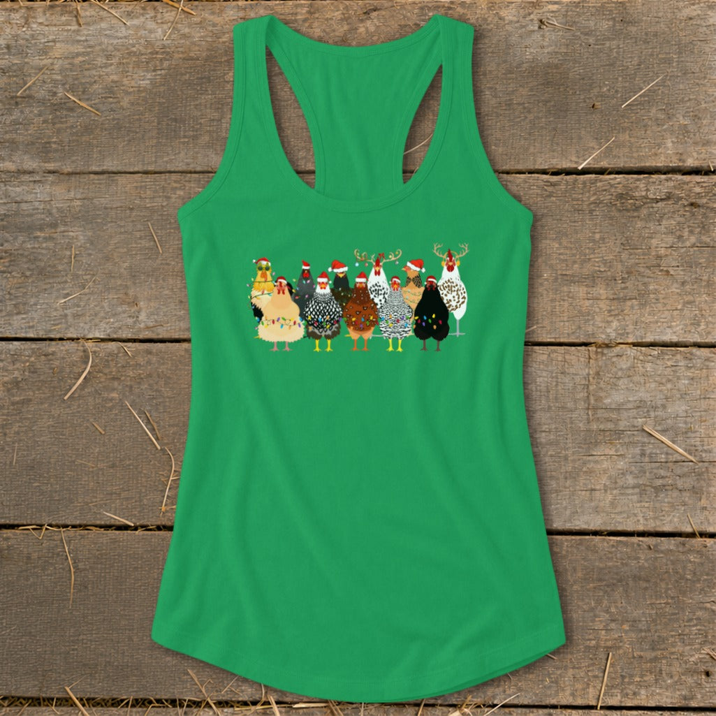 Green tank top with cartoon chickens wearing Santa hats and Christmas lights.
