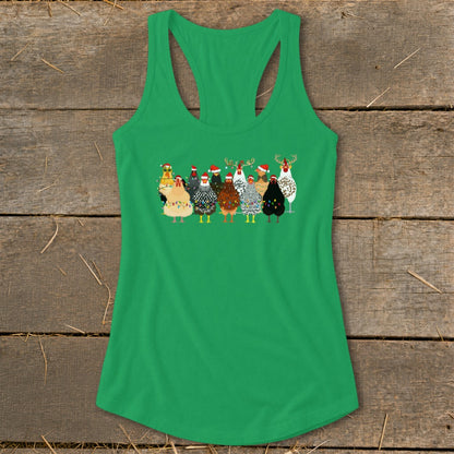 Green tank top with cartoon chickens wearing Santa hats and Christmas lights.