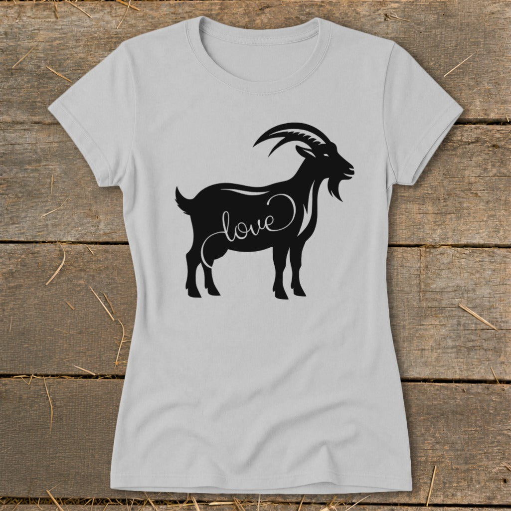 Light grey t-shirt with a black silhouette of a goat with the word "love".
