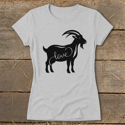 Light grey t-shirt with a black silhouette of a goat with the word "love".